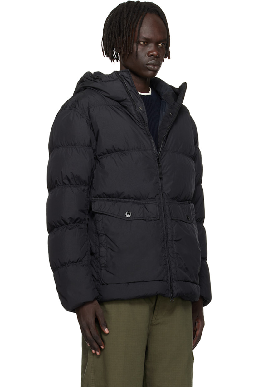 Down-filled and coated crinkled nylon taffeta jacket. 

· RDS-certified down 
· Water-resistant, wind-resistant garment-dyed 
· Bungee-style drawstring at hood and hem 
· Two-way zip and press-stud closure
· Flap and welt pockets at waist
· Detachable felted logo patch at sleeve
· Elasticized cuffs
· Patch pocket at interior 
· Full plain-woven lining 

Supplier color: Black 

Fill 1: 80% duck down, 20% duck feather. Fill 2: 100% polyester.