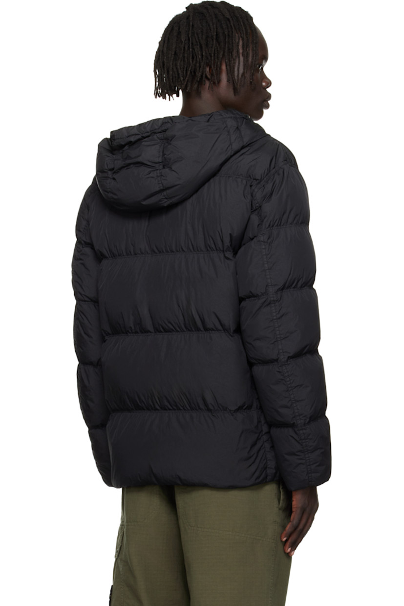 Down-filled and coated crinkled nylon taffeta jacket. 

· RDS-certified down 
· Water-resistant, wind-resistant garment-dyed 
· Bungee-style drawstring at hood and hem 
· Two-way zip and press-stud closure
· Flap and welt pockets at waist
· Detachable felted logo patch at sleeve
· Elasticized cuffs
· Patch pocket at interior 
· Full plain-woven lining 

Supplier color: Black 

Fill 1: 80% duck down, 20% duck feather. Fill 2: 100% polyester.
