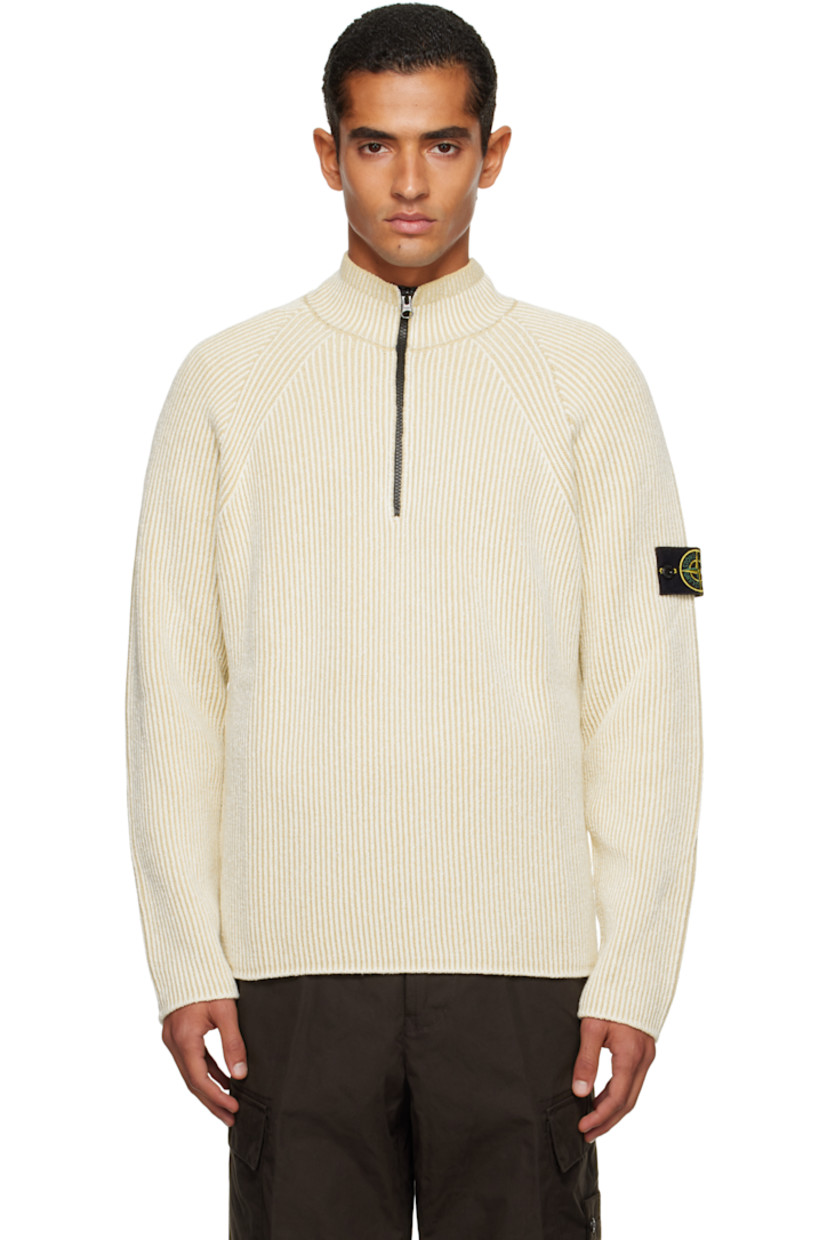 Rib-knit stretch virgin wool- and cotton-blend sweater.

· Stand collar
· Half-zip closure
· Raglan sleeves
· Detachable felted logo patch at sleeve

Supplier color: Ivory