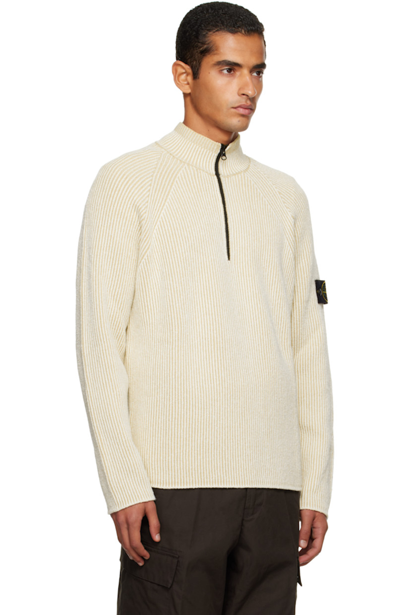 Rib-knit stretch virgin wool- and cotton-blend sweater.

· Stand collar
· Half-zip closure
· Raglan sleeves
· Detachable felted logo patch at sleeve

Supplier color: Ivory