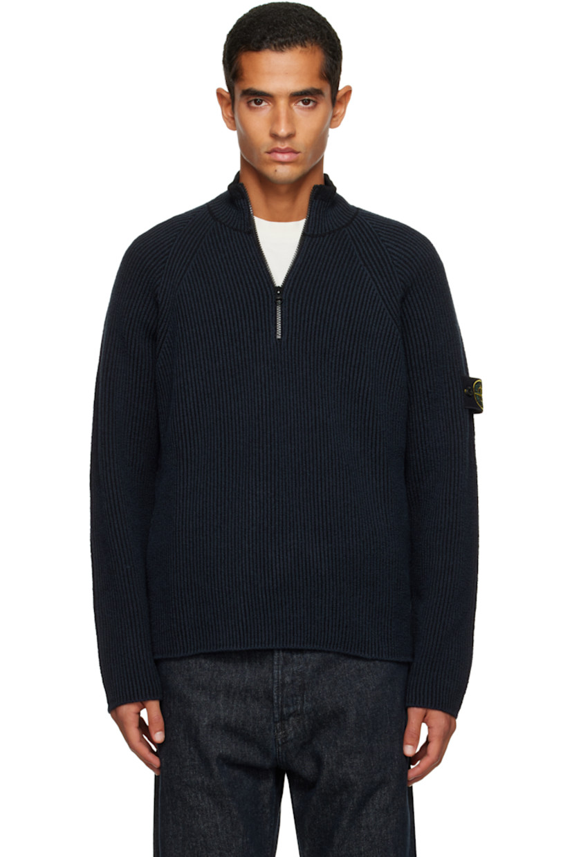 Rib-knit stretch virgin wool- and cotton-blend sweater.

· Stand collar
· Half-zip closure
· Raglan sleeves
· Detachable felted logo patch at sleeve

Supplier color: Navy blue