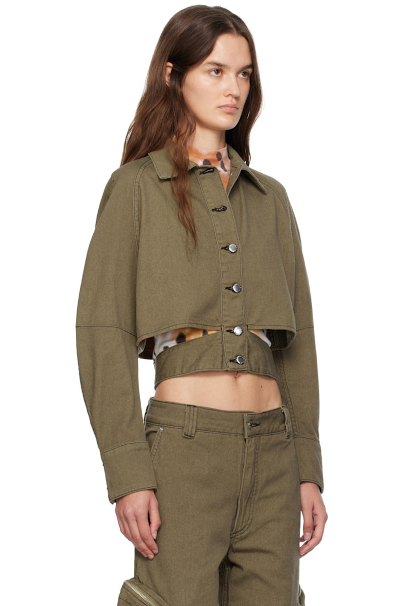 Non-stretch denim jacket. 

· Spread collar 
· Button closure 
· Wraparound straps with button fastening at hem 
· Cropped hem 
· Raglan sleeves 
· Buttoned barrel cuffs
· Contrast stitching in black

Supplier color: Earth