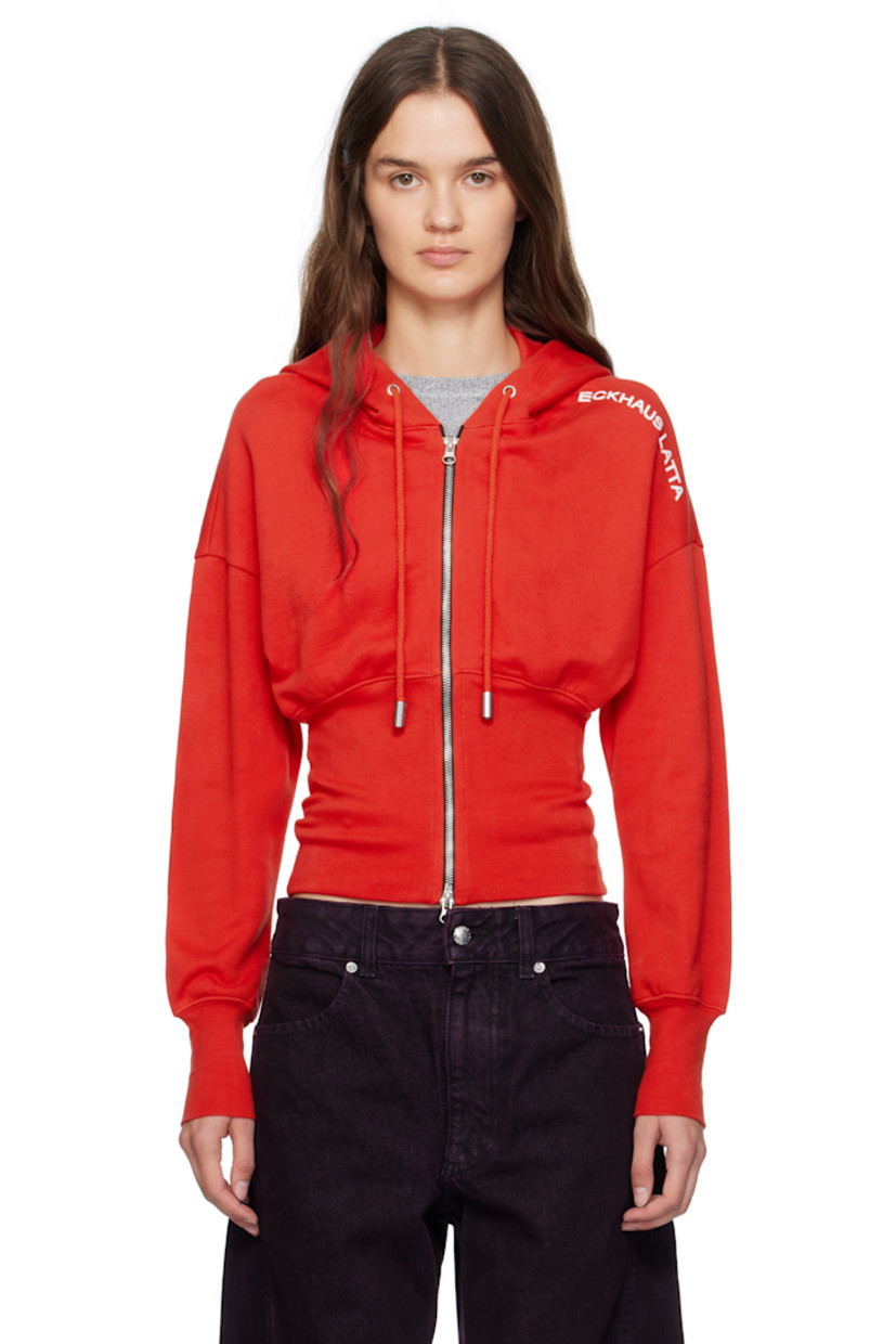 Brushed French terry hoodie. 

· Garment-dyed 
· Drawstring at hood
· Two-way zip closure
· Rib-knit bodice and cuffs
· Bonded logo at shoulder 
· Dropped shoulders

Supplier color: Red