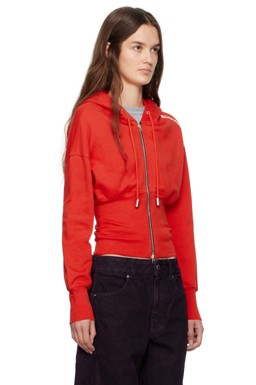 Brushed French terry hoodie. 

· Garment-dyed 
· Drawstring at hood
· Two-way zip closure
· Rib-knit bodice and cuffs
· Bonded logo at shoulder 
· Dropped shoulders

Supplier color: Red