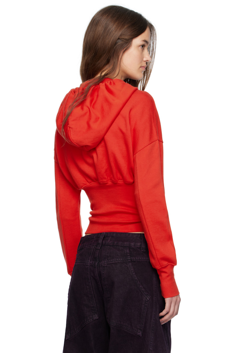 Brushed French terry hoodie. 

· Garment-dyed 
· Drawstring at hood
· Two-way zip closure
· Rib-knit bodice and cuffs
· Bonded logo at shoulder 
· Dropped shoulders

Supplier color: Red