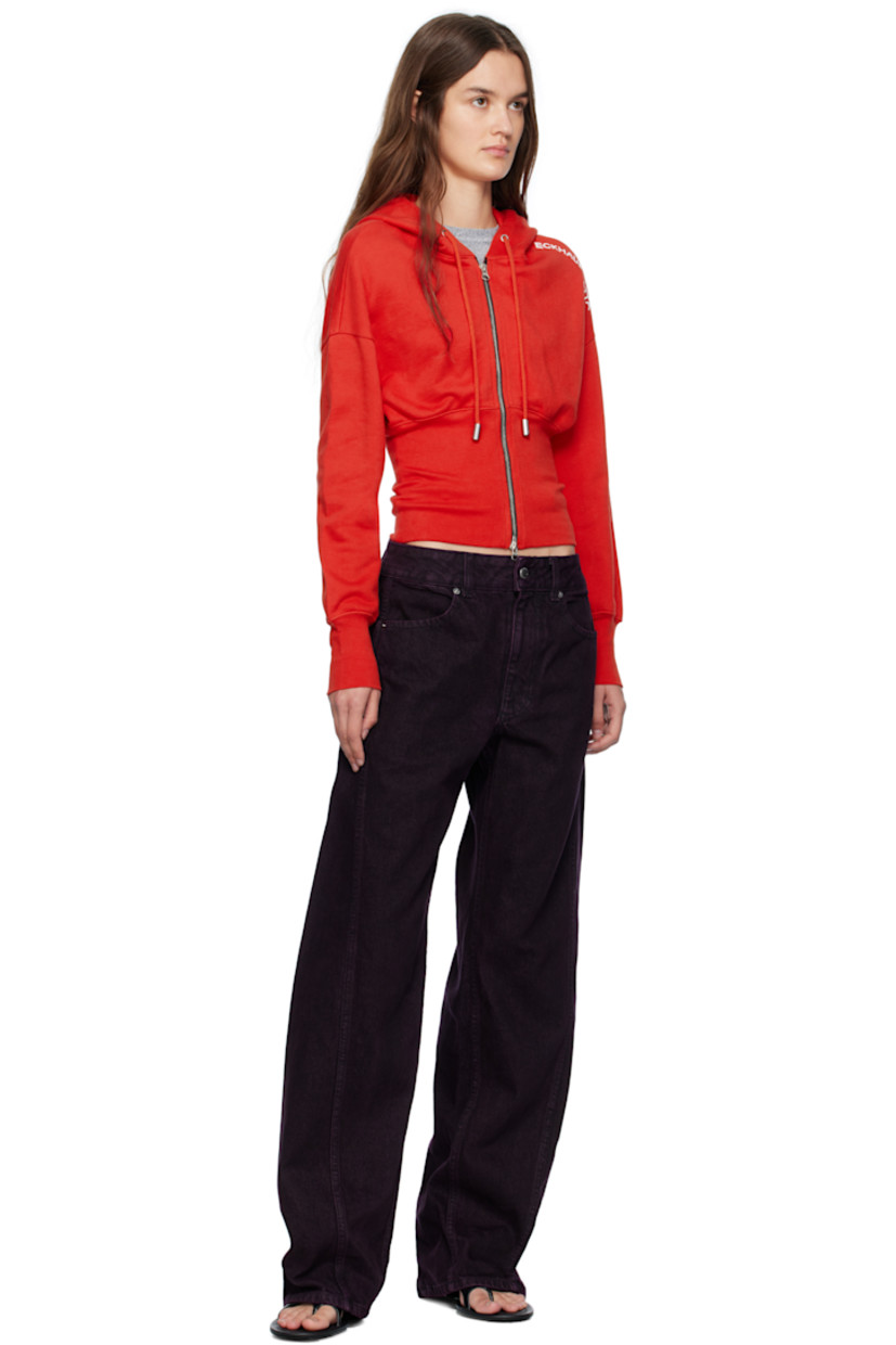 Brushed French terry hoodie. 

· Garment-dyed 
· Drawstring at hood
· Two-way zip closure
· Rib-knit bodice and cuffs
· Bonded logo at shoulder 
· Dropped shoulders

Supplier color: Red