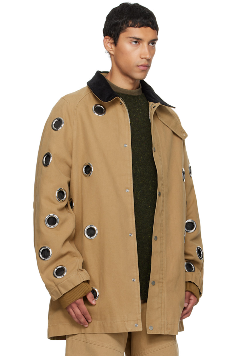 Cotton canvas jacket.

· Grommets throughout 
· Detachable throat guard at corduroy spread collar 
· Concealed zip closure 
· Press-stud placket 
· Raglan sleeves
· Inset rib-knit cuffs
· Full logo-woven satin lining 

Supplier color: Beige