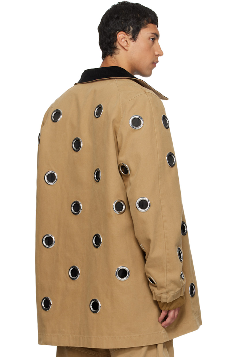 Cotton canvas jacket.

· Grommets throughout 
· Detachable throat guard at corduroy spread collar 
· Concealed zip closure 
· Press-stud placket 
· Raglan sleeves
· Inset rib-knit cuffs
· Full logo-woven satin lining 

Supplier color: Beige