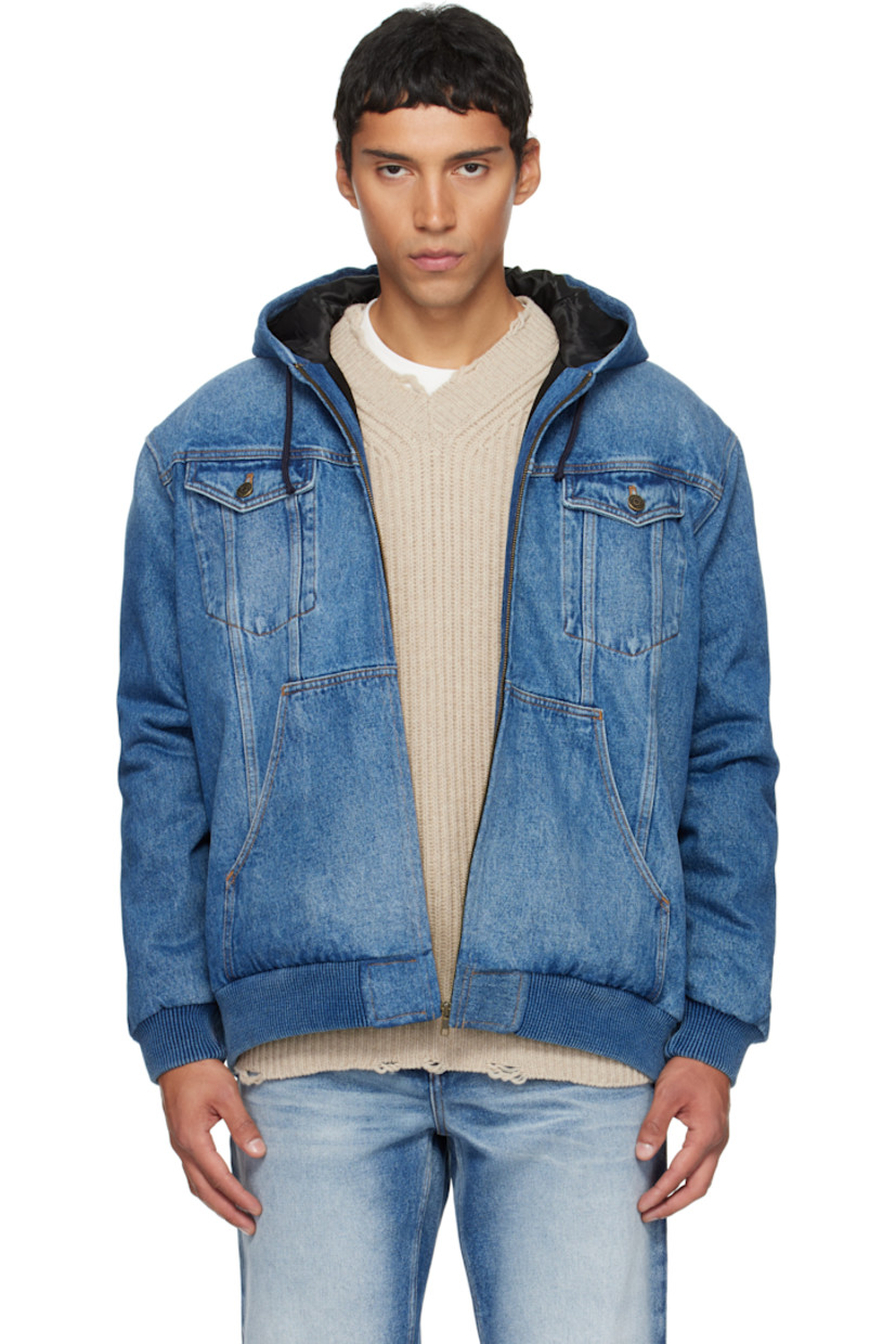 Non-stretch denim jacket.

· Fading throughout
· Drawstring at hood
· Zip closure
· Flap and patch pockets at front
· Rib-knit hem and cuffs
· Dropped shoulders
· Zip pocket at interior
· Full satin lining
· Contrast stitching in tan

Supplier color: Blue