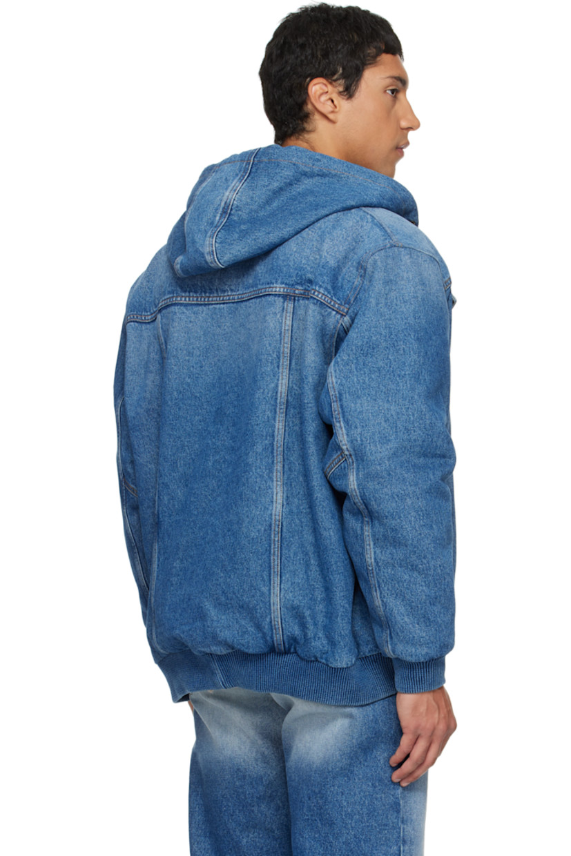 Non-stretch denim jacket.

· Fading throughout
· Drawstring at hood
· Zip closure
· Flap and patch pockets at front
· Rib-knit hem and cuffs
· Dropped shoulders
· Zip pocket at interior
· Full satin lining
· Contrast stitching in tan

Supplier color: Blue
