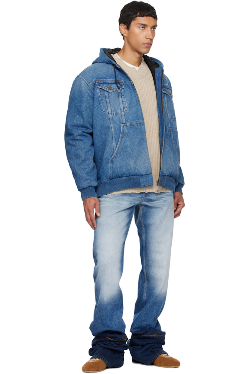Non-stretch denim jacket.

· Fading throughout
· Drawstring at hood
· Zip closure
· Flap and patch pockets at front
· Rib-knit hem and cuffs
· Dropped shoulders
· Zip pocket at interior
· Full satin lining
· Contrast stitching in tan

Supplier color: Blue