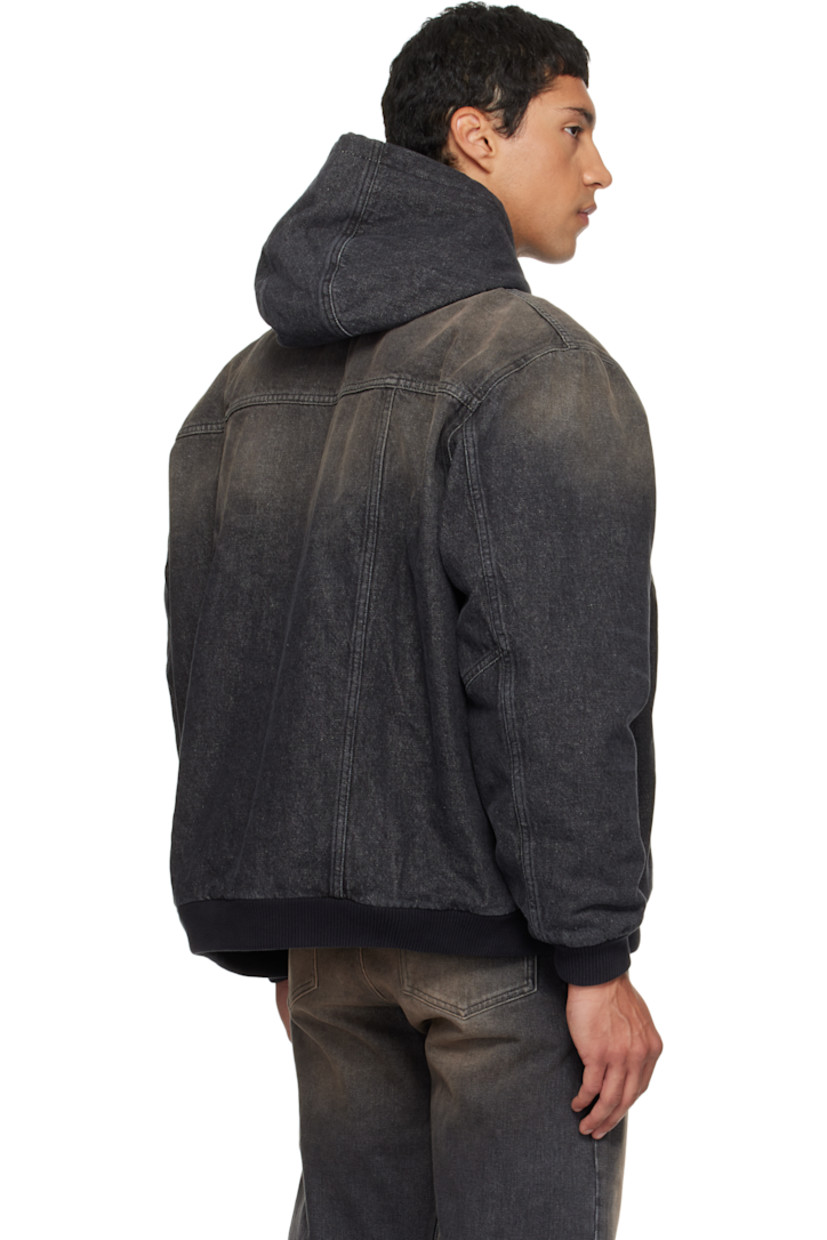 Non-stretch denim jacket.

· Fading throughout
· Drawstring at hood
· Zip closure
· Flap and patch pockets at front
· Rib-knit hem and cuffs
· Dropped shoulders
· Zip pocket at interior
· Full satin lining

Supplier color: Black
