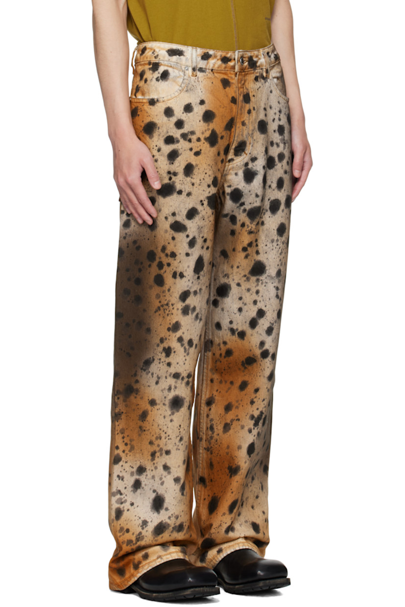 Wide-leg 14 oz non-stretch denim jeans. Hand-dyed and bleached graphic pattern throughout.

· Belt loops
· Four-pocket styling
· Zip fly

Each item is unique. Please note coloration may vary.

Supplier color: Abstract cheetah