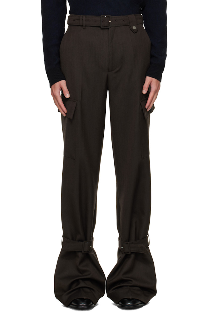 Virgin wool canvas trousers.

· Belt loops and detachable pin-buckle belt at waistband
· Four-pocket styling
· Zip fly
· Cargo pocket at outseams
· Pin-buckle strap at legs

Supplier color: Brown