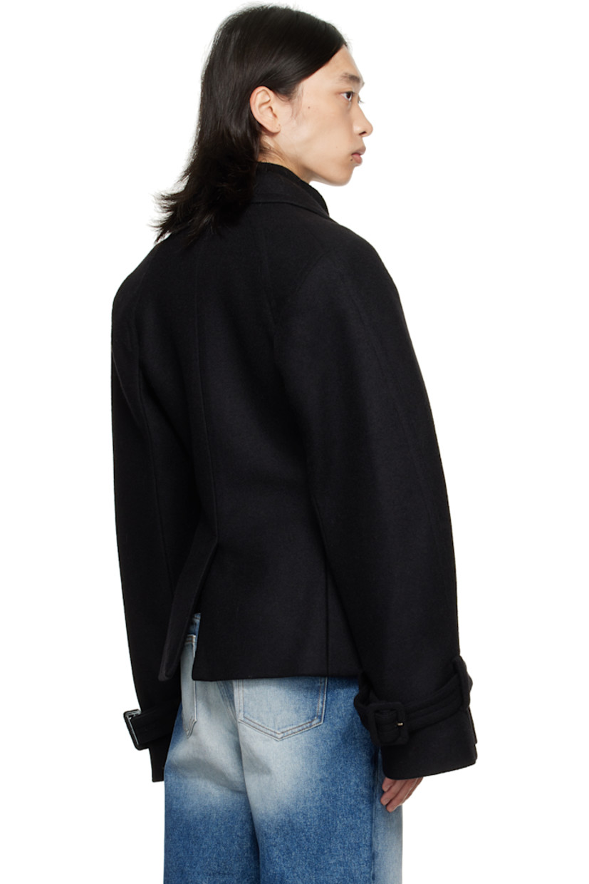 Wool-blend melton blazer.

· Notched lapel
· Button closure
· Flap pockets at front
· Raglan sleeves
· Pin-buckle strap at cuffs
· Central vent at back hem
· Welt pockets at interior
· Full satin lining

Supplier color: Black