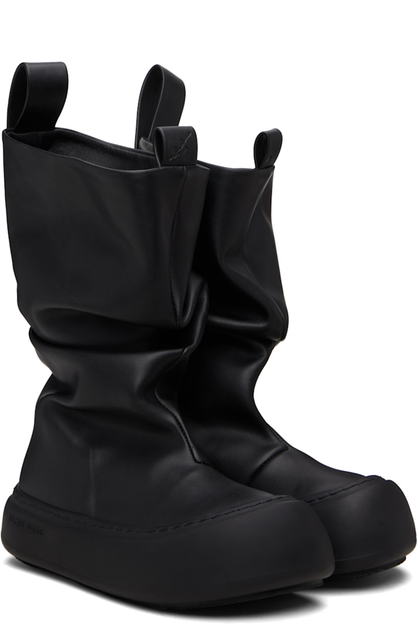 Mid-calf buffed recycled leather-blend boots.

· Gathering throughout
· Logo-embossed pull-loops at collar
· Grained faux-leather lining
· Logo-embossed rubber platform midsole
· Treaded rubber sole
· Platform: H1.75"

Supplier color: Black