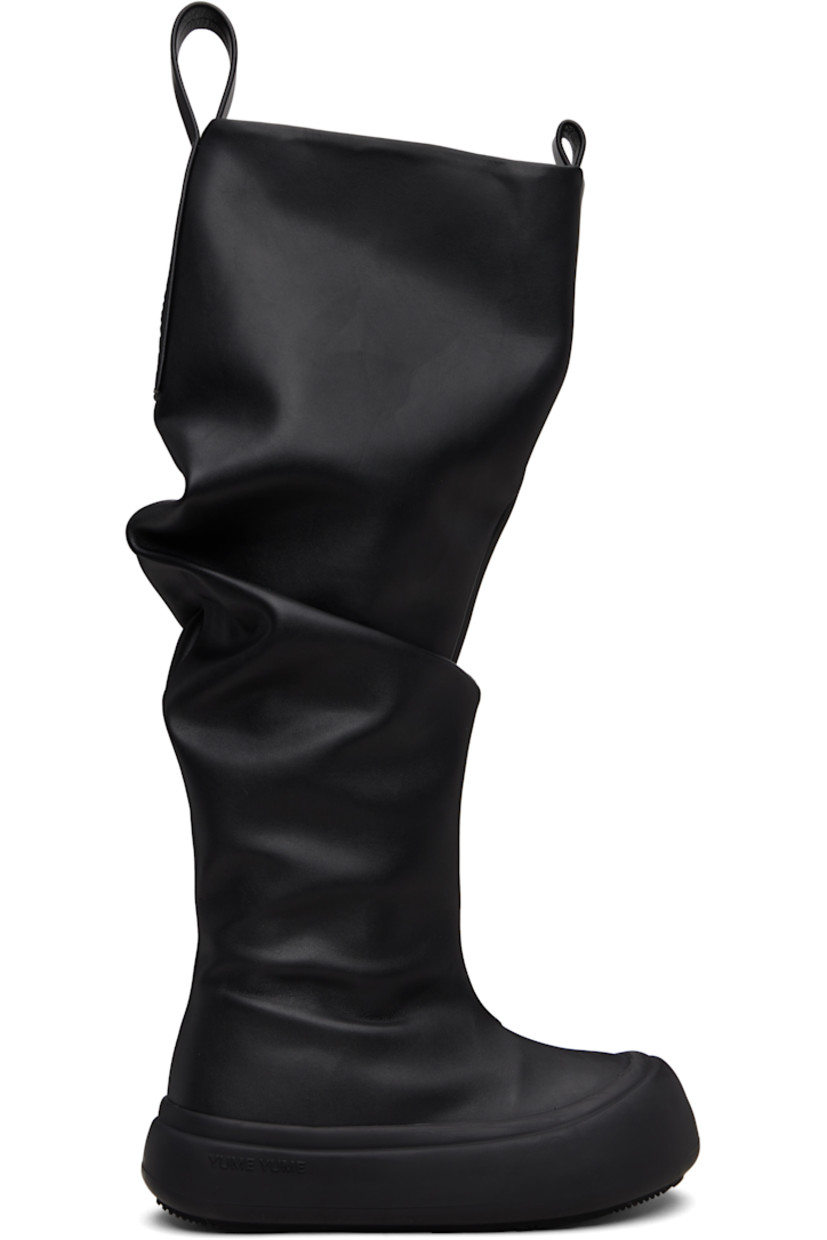 Knee-high buffed faux-leather boots.

· Gathering throughout
· Logo-embossed pull-loops at collar
· Grained faux-leather lining
· Logo-embossed rubber platform midsole
· Treaded rubber sole
· Platform: H1.75"

Supplier color: Black