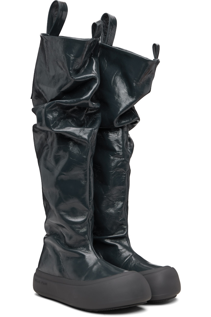 Knee-high crinkled leather boots.

· Gathering throughout
· Logo-embossed pull-loops at collar
· Grained faux-leather lining
· Logo-embossed rubber platform midsole
· Treaded rubber sole
· Platform: H1.75"

Supplier color: Wrinkled grey