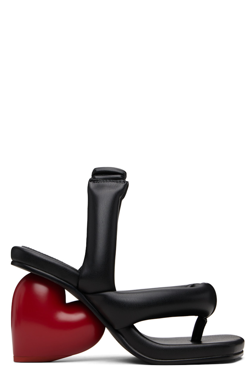 Padded buffed faux-leather heeled sandals.

· Square toe
· Thong-style strap at vamp
· Elasticized slingback strap
· Logo embossed at padded footbed
· Sculptural heel
· Rubber sole
· Heel: H3.5"

Supplier color: Black/Red