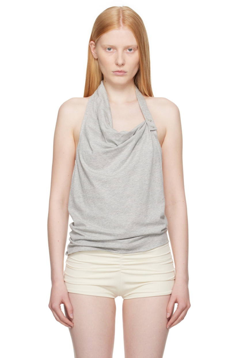 Deadstock stretch cotton jersey top.

· Asymmetrical cowl neck
· Press-stud halter strap
· Open back

Supplier color: Grey
