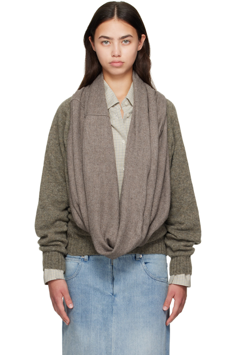 Knit Shetland wool sweater.

· Modified plunging cowl neck
· Logo stud at front
· Rib knit hem and cuffs

Supplier color: Brown/Brown