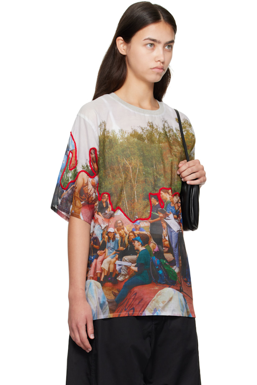 Semi-sheer cotton-blend poplin T-shirt.

· Printed graphic pattern with chain-stitching throughout
· Rib-knit crewneck
· Logo disc at side seam

Supplier color: Print and embroidery