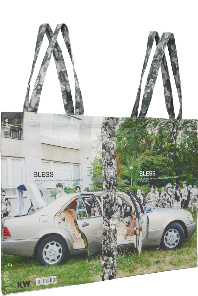 Cotton twill tote.

· Two-compartment construction
· Graphics printed throughout
· Four fixed shoulder straps
· Logo printed at face
· H17" x W24.5"
 
Features artwork from 'Celebrating 25 Years of Always Stress with BLESS N°42–N°74'.

Supplier color: Print