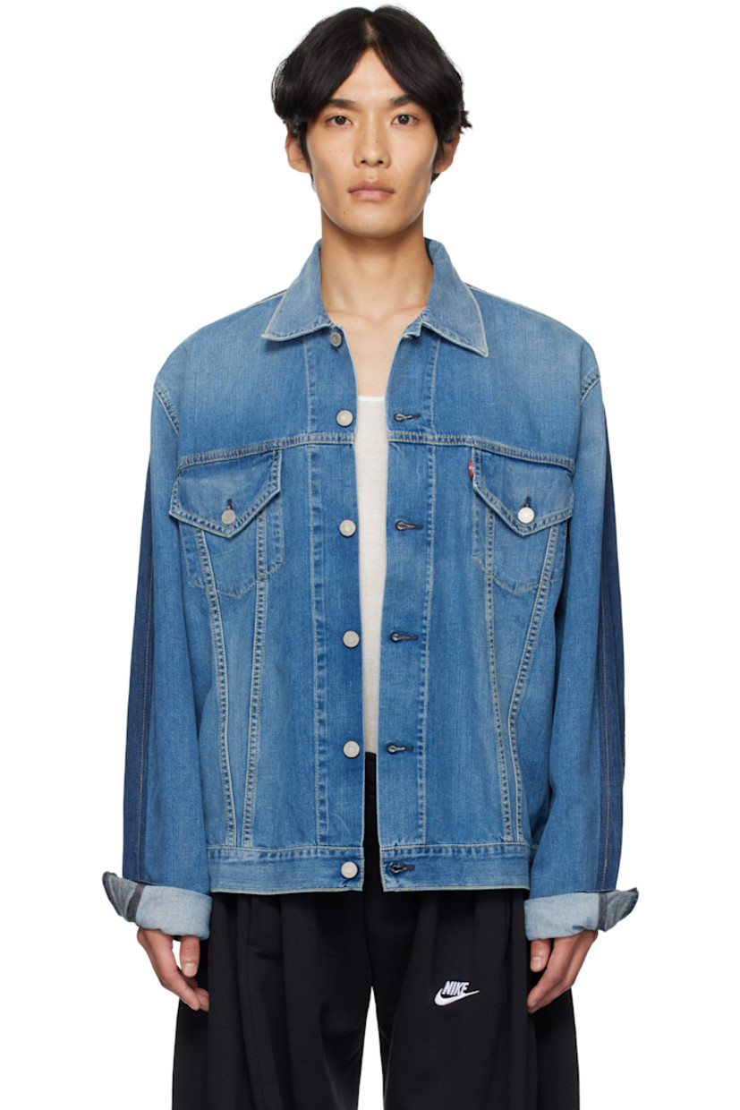 Set of two upcycled non-stretch denim jackets.

· Mismatched patchwork construction
· Spread collar
· Button closure
· Logo flag at chest
· Flap pockets at chest 
· Welt pockets at waist
· Leather logo flag at side seam
· Buttoned barrel cuffs
· Adjustable button tabs at back hem

Part of the BLESS x Maryam Nassir Zadeh collaboration.

Supplier color: Light blue/Dark blue