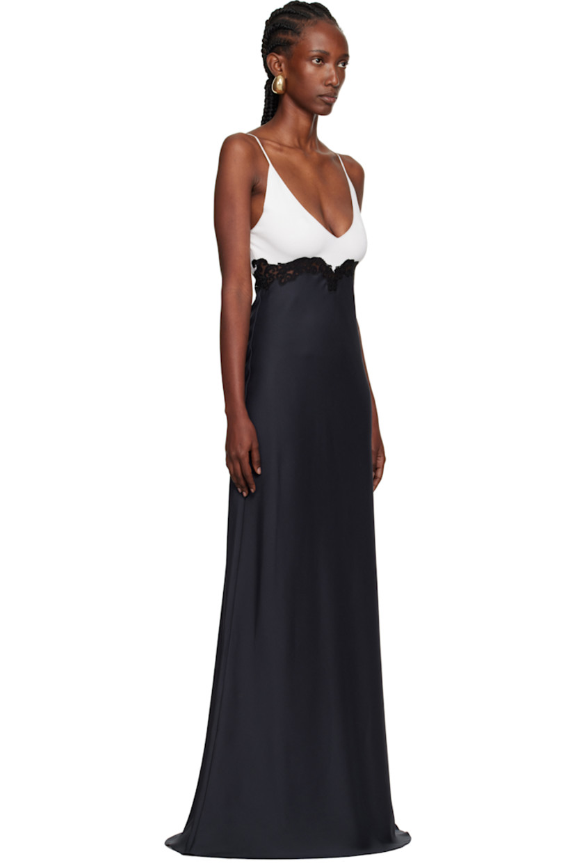 Knit silk and cady maxi dress.

· Paneled construction 
· Plunging V-neck
· Floral lace trim at front and back waist
· Concealed zip closure at side seam
· Fixed spaghetti straps

Supplier color: Dark navy