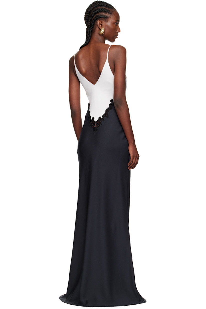 Knit silk and cady maxi dress.

· Paneled construction 
· Plunging V-neck
· Floral lace trim at front and back waist
· Concealed zip closure at side seam
· Fixed spaghetti straps

Supplier color: Dark navy