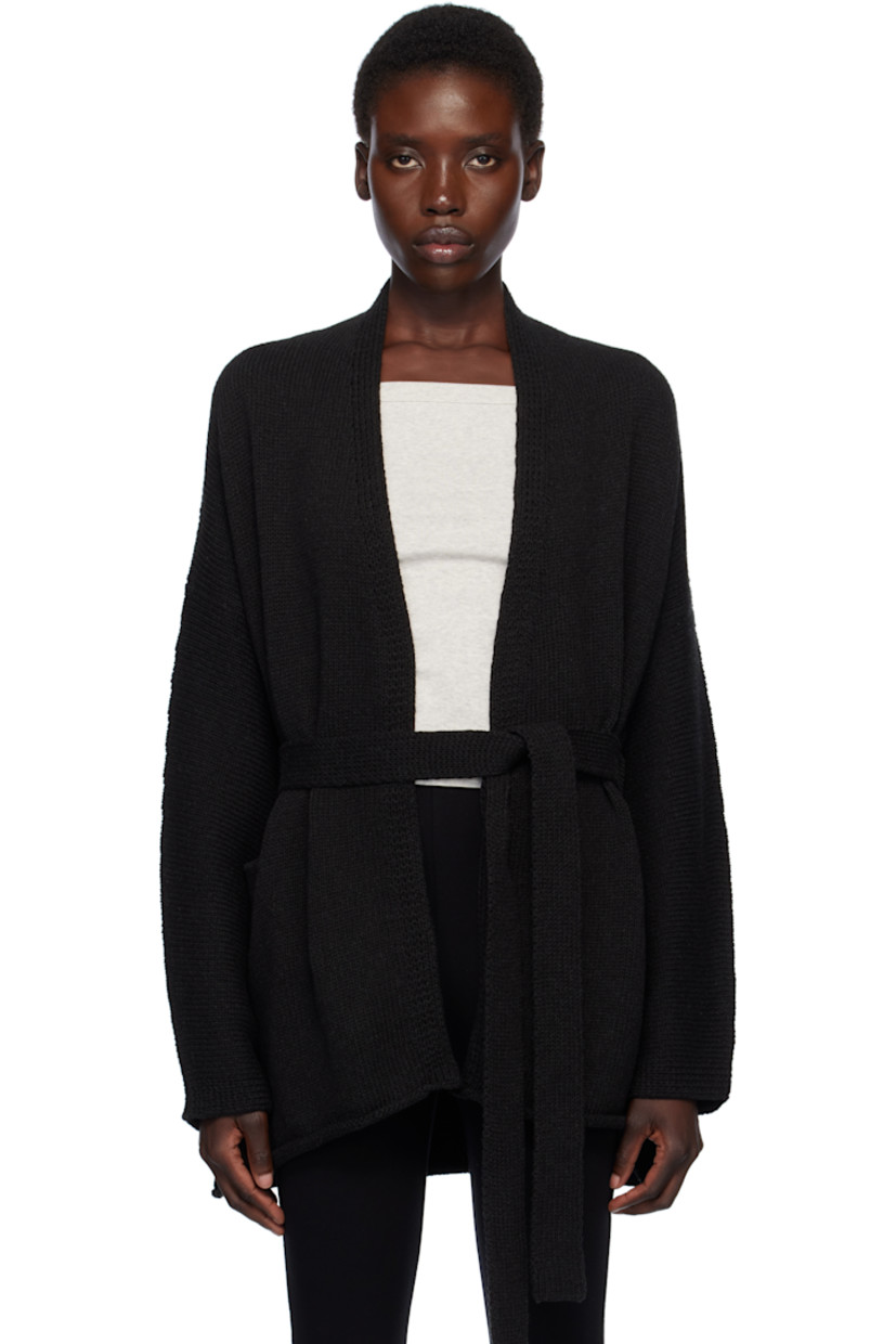 Knit pima cotton cardigan. 

· Hand-dyed 
· Shawl collar
· Belt loops at waist
· Detachable self-tie belt 
· Rolled edge at hem 
· Dropped shoulders

Supplier color: Black melange