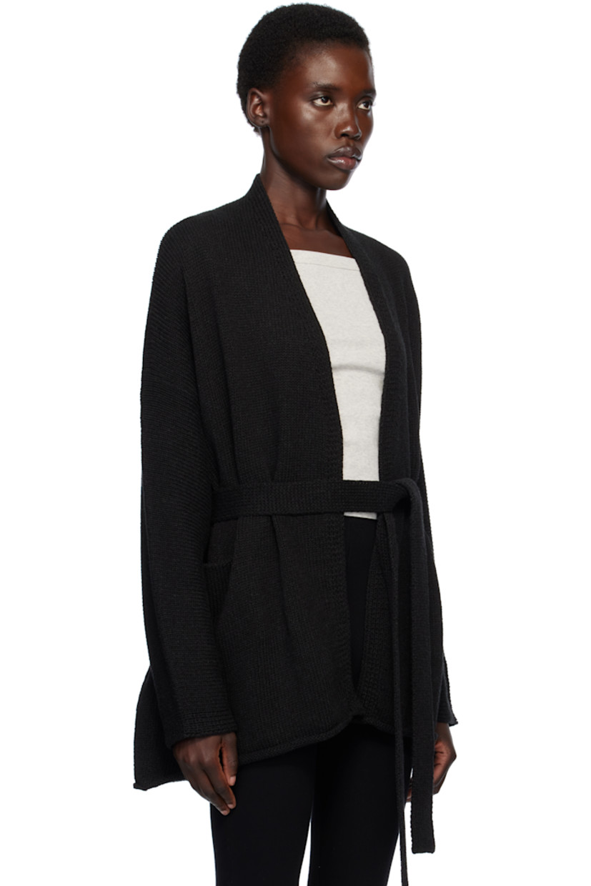 Knit pima cotton cardigan. 

· Hand-dyed 
· Shawl collar
· Belt loops at waist
· Detachable self-tie belt 
· Rolled edge at hem 
· Dropped shoulders

Supplier color: Black melange