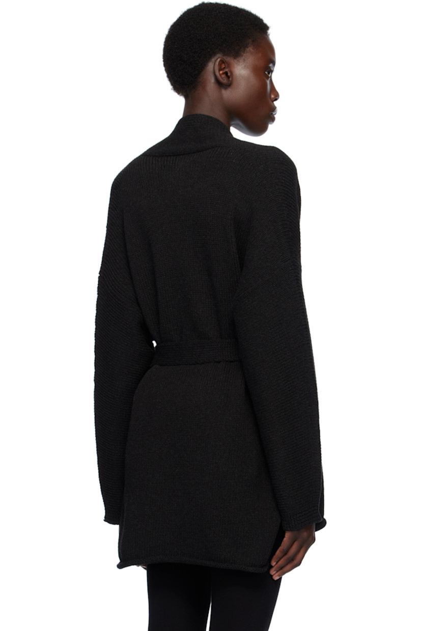 Knit pima cotton cardigan. 

· Hand-dyed 
· Shawl collar
· Belt loops at waist
· Detachable self-tie belt 
· Rolled edge at hem 
· Dropped shoulders

Supplier color: Black melange