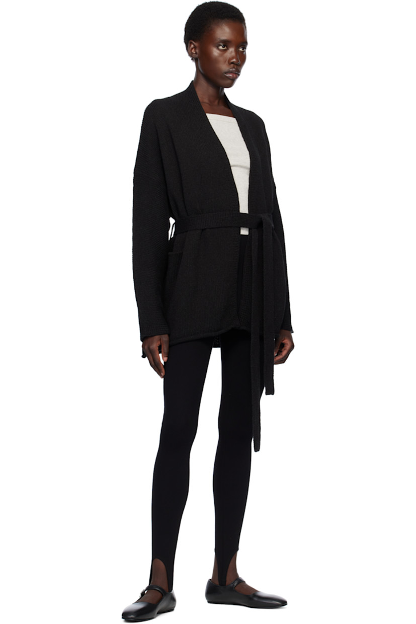 Knit pima cotton cardigan. 

· Hand-dyed 
· Shawl collar
· Belt loops at waist
· Detachable self-tie belt 
· Rolled edge at hem 
· Dropped shoulders

Supplier color: Black melange