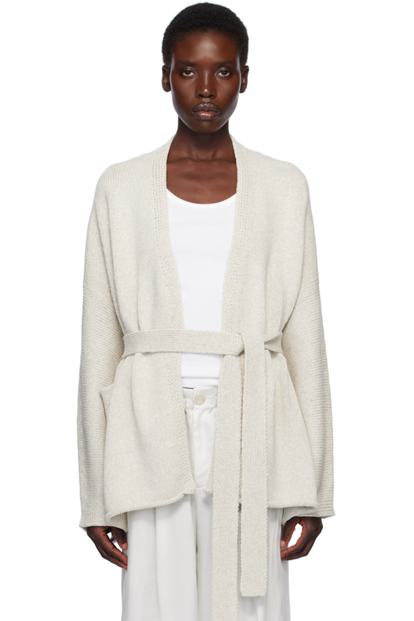 Knit pima cotton cardigan. 

· Hand-dyed 
· Shawl collar
· Belt loops and detachable self-tie belt 
· Rolled edge at hem 
· Dropped shoulders

Supplier color: Marble