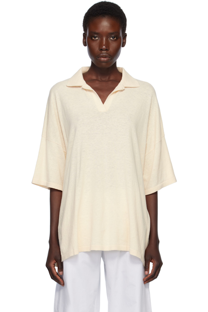Knit pima cotton- and linen-blend polo. 

· Rib-knit open spread collar and cuffs
· Vented side seams
· Dropped shoulders

Supplier color: Ivory