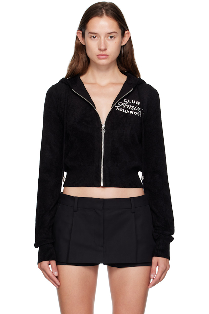Viscose-blend velour hoodie.

· Drawstring at hood
· Logo charm at zip closure
· Text and logo embroidered at chest and back
· Cropped hem
· Rib-knit hem and cuffs

Supplier color: Black