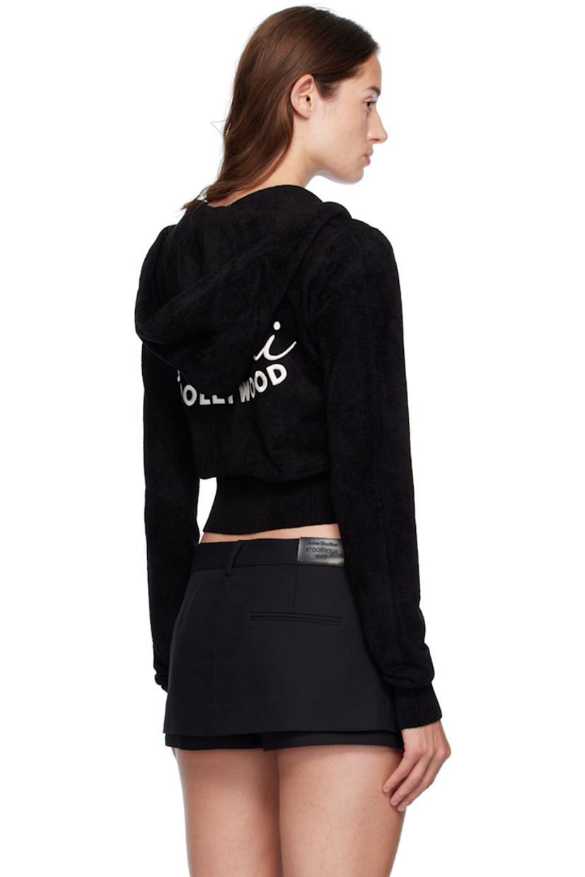 Viscose-blend velour hoodie.

· Drawstring at hood
· Logo charm at zip closure
· Text and logo embroidered at chest and back
· Cropped hem
· Rib-knit hem and cuffs

Supplier color: Black