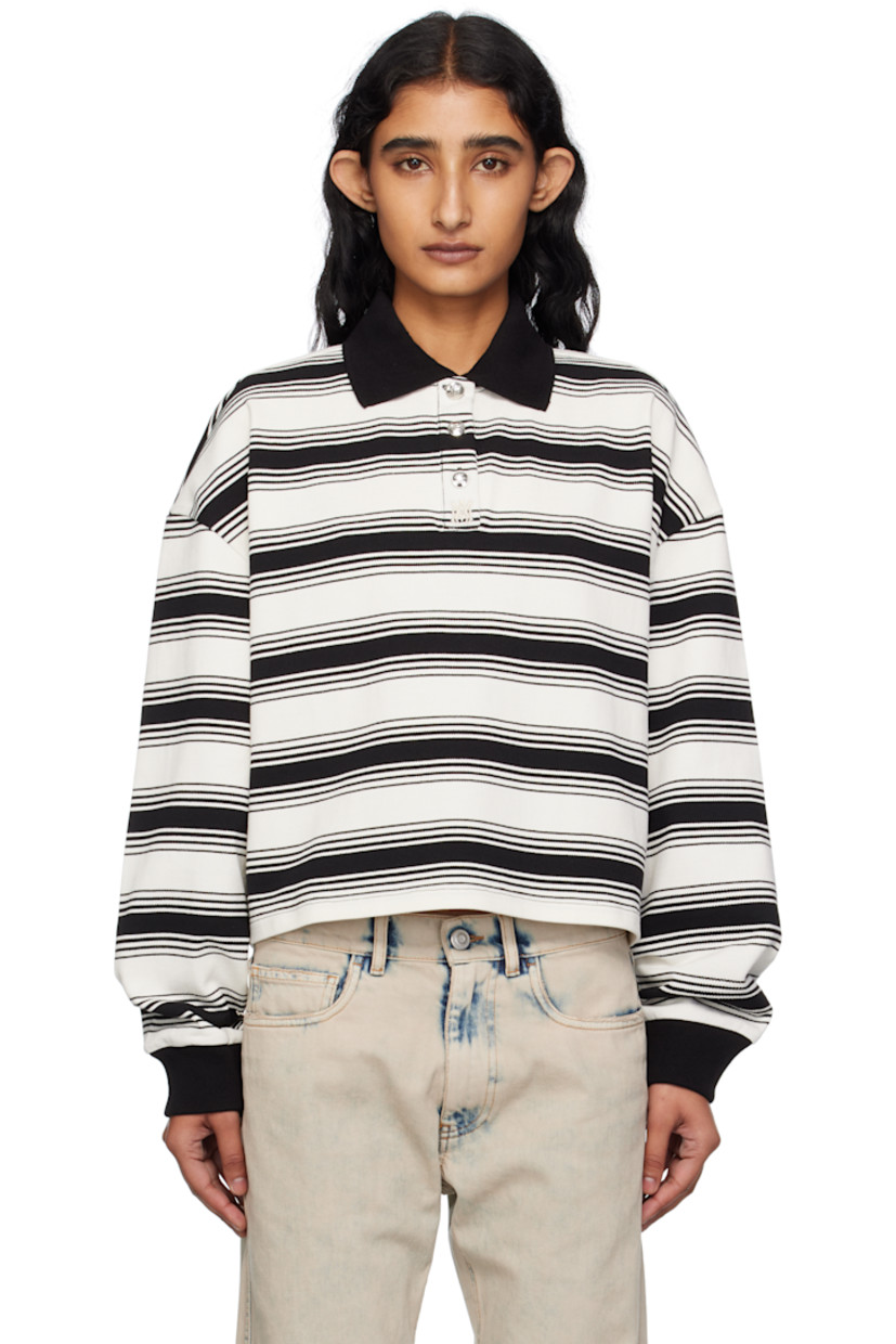 Knit cotton polo.

· Striped pattern throughout
· Rib-knit spread collar and cuffs
· Three-button placket with logo hardware
· Dropped shoulders

Supplier color: Ivory/Black