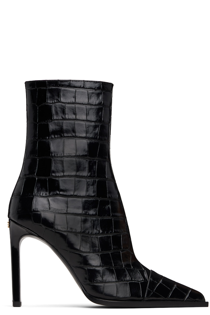 Ankle-high croc-embossed patent leather boots.

· Pointed toe 
· Zip closure at inner side
· Logo hardware at heel
· Stiletto heel with rubber injection
· Leather sole 
· Heel: H4"

Supplier color: Black