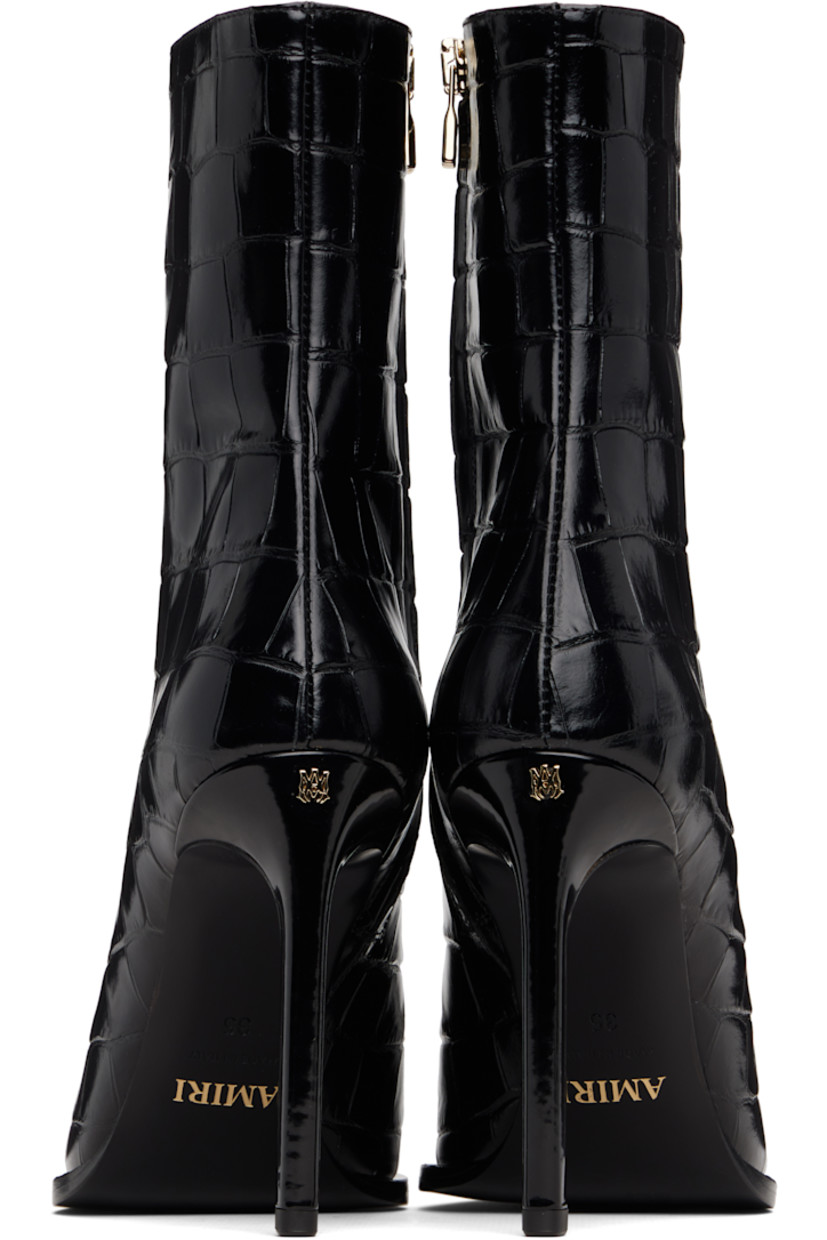Ankle-high croc-embossed patent leather boots.

· Pointed toe 
· Zip closure at inner side
· Logo hardware at heel
· Stiletto heel with rubber injection
· Leather sole 
· Heel: H4"

Supplier color: Black