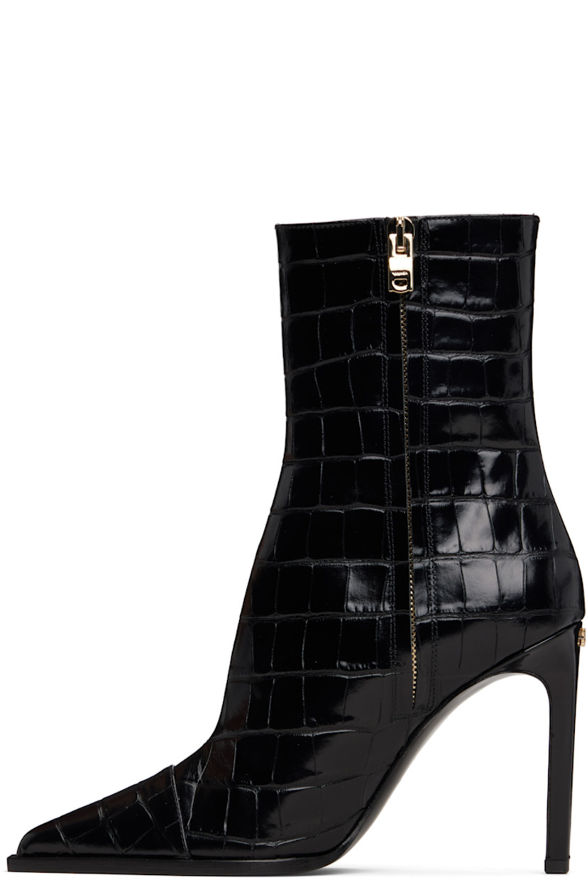 Ankle-high croc-embossed patent leather boots.

· Pointed toe 
· Zip closure at inner side
· Logo hardware at heel
· Stiletto heel with rubber injection
· Leather sole 
· Heel: H4"

Supplier color: Black