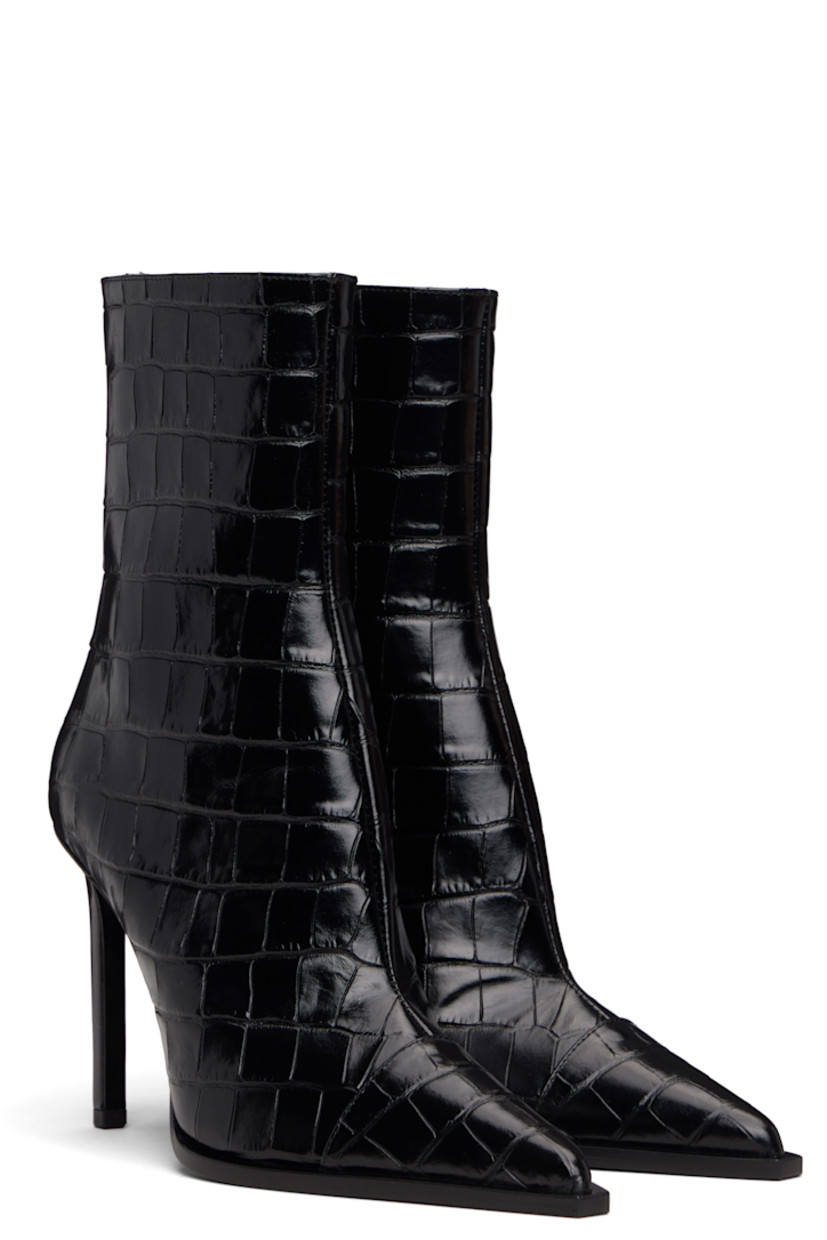 Ankle-high croc-embossed patent leather boots.

· Pointed toe 
· Zip closure at inner side
· Logo hardware at heel
· Stiletto heel with rubber injection
· Leather sole 
· Heel: H4"

Supplier color: Black