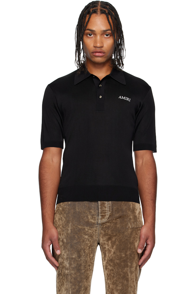 Knit viscose polo.

· Rib-knit spread collar, hem, and cuffs
· Three-button placket 
· Logo embroidered at chest
· Dropped shoulders

Supplier color: Black