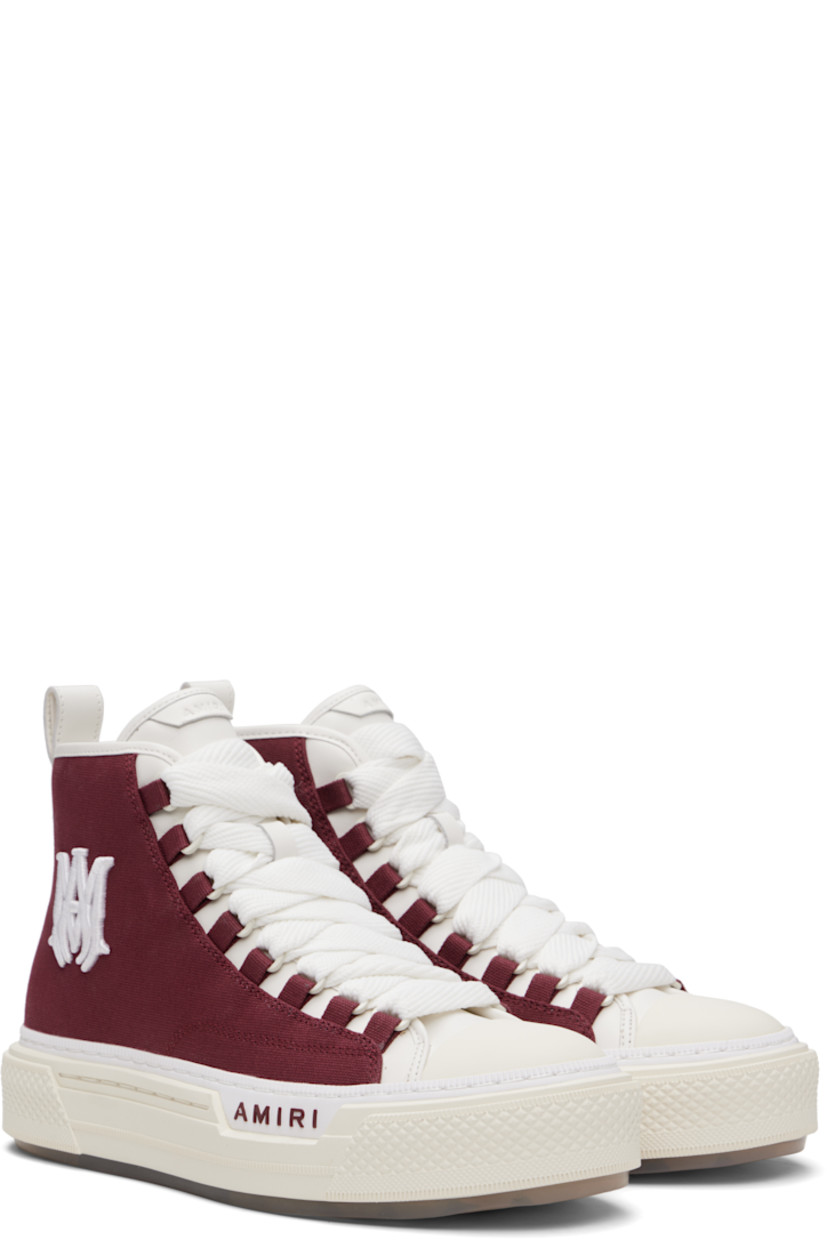 High-top canvas and buffed leather sneakers.

· Rubber cap toe
· Lace-up closure
· Logo patch at padded tongue
· Padded collar
· Logo embroidered and embossed at outer side
· Metal eyelets at inner side
· Pull-loop at heel collar
· Buffed leather lining
· Rubberized logo patch at heel
· Logo embossed at textured rubber midsole
· Treaded rubber sole

Supplier color: Wine