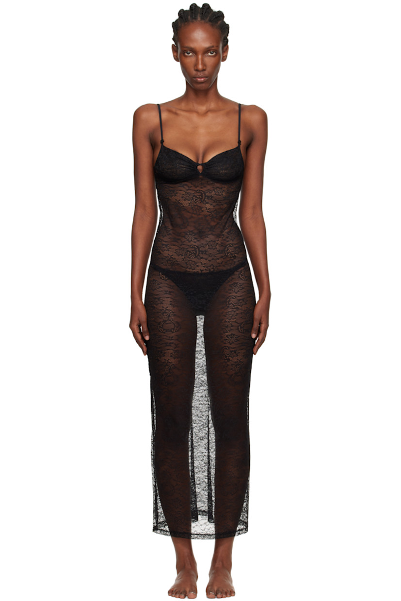 Semi-sheer stretch nylon lace maxi dress.

· Picot trim and floral pattern throughout
· Sweetheart neck
· Gathering and keyhole at chest
· Floral appliqué at adjustable elasticized spaghetti straps
· Low back
· Unlined

Supplier color: Black