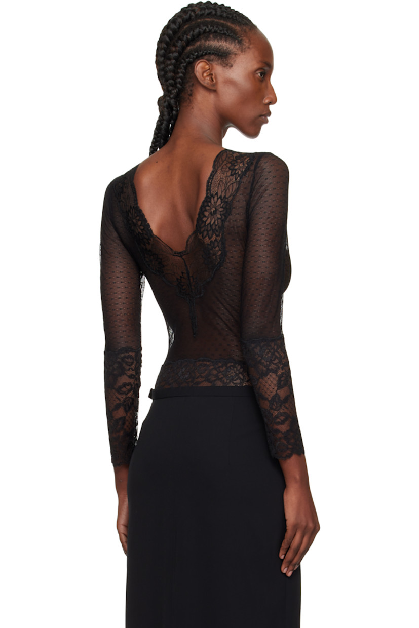 Semi-sheer stretch nylon-blend lace bodysuit.

· Floral pattern throughout
· Scalloped edge at V-neck and cuffs
· Adjustable hook-eye fastening at bottom
· Picot trim at leg openings
· Low back
· Partial jersey lining

Supplier color: Black