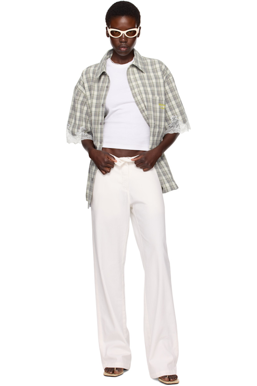 Cotton seersucker shirt. Check pattern printed throughout. 

· Spread collar
· Button closure
· Concealed logo patch at button placket 
· Logo embroidered at patch pocket
· Lace trim and scalloped edge at cuffs
· Box pleat at back yoke 

Part of the exclusive SSENSE HEAT capsule.

Supplier color: Grey lime check