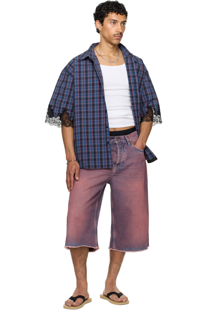 Cotton seersucker overshirt. Check pattern throughout.

· Spread collar
· Button closure
· Logo-embroidered patch pocket
· Reflective logo patch at front
· Dropped shoulders
· Scalloped lace trim at cuffs
· Box pleat at back yoke

Part of the exclusive SSENSE HEAT capsule.

Supplier color: Blue navy check