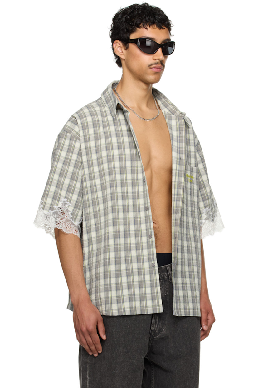 Cotton seersucker overshirt. Check pattern throughout.

· Spread collar
· Button closure
· Logo-embroidered patch pocket
· Reflective logo patch at front
· Dropped shoulders
· Scalloped lace trim at cuffs
· Box pleat at back yoke

Part of the exclusive SSENSE HEAT capsule.

Supplier color: Grey lime check
